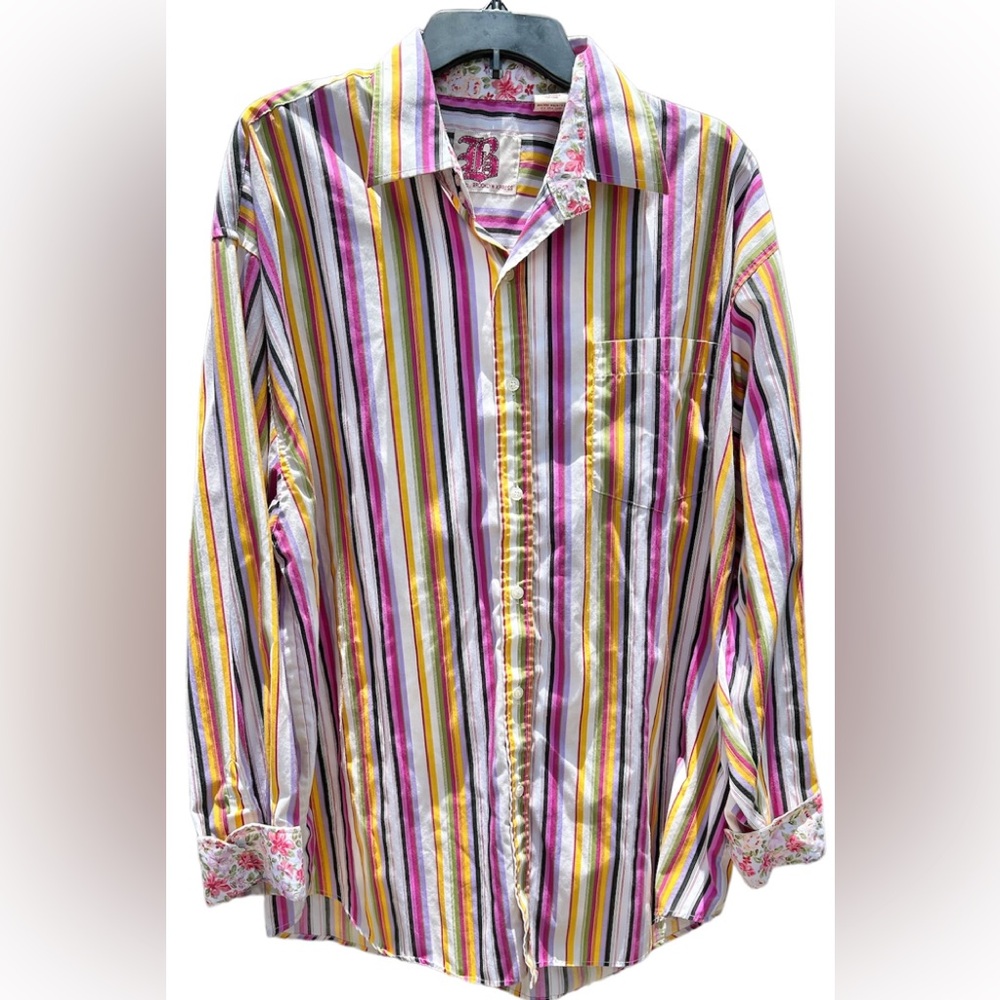 BROOKLYN XPRESS Graham Flip Cuff Button Up Long Sleeve Pink Stripe Shirt Size XL
